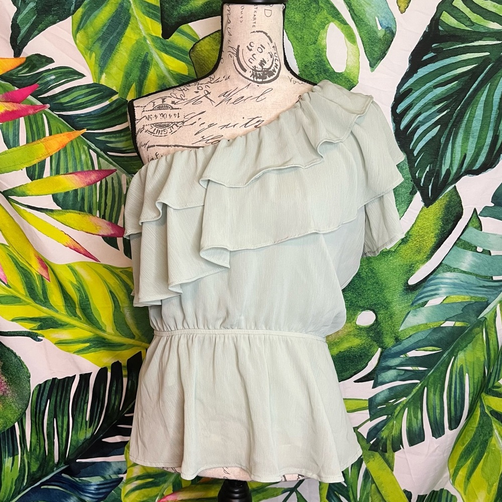 NWT South Moon Under M Pale Green One Shoulder Ruffle Wedding Dressy Event Top